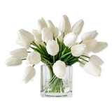 Red Tulips 25 Floral | Modern Arrangement | Real Touch | Artificial Faux Forever Fake Flowers in Glass Vase for Home Decor Blue Paris