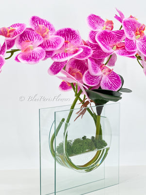 Modern Magenta Pink 2 Stems Phalaenopsis Orchid Arrangement, Real Touch Flower in Vase | Table Centerpiece | Floral Decor Flower Arrangement