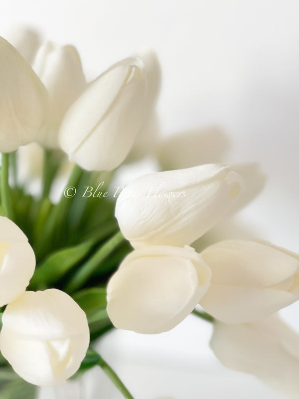 White Tulips 30 Floral | Modern Arrangement | Real Touch | Artificial Faux Forever Fake Flowers in Glass Vase for Home Decor Blue Paris