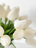 White Tulips 25 Floral | Modern Arrangement | Real Touch | Artificial Faux Forever Fake Flowers in Glass Vase for Home Decor Blue Paris