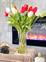 Red White Green 22” Real Touch Tulips Modern Arrangement Centerpiece | Real Touch Artificial Faux Forever Flowers
