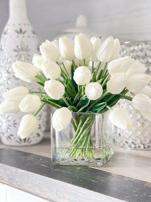 White Tulips 30 Floral | Modern Arrangement | Real Touch | Artificial Faux Forever Fake Flowers in Glass Vase for Home Decor Blue Paris