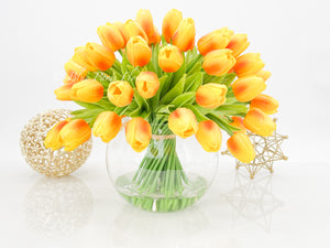 Large 50 Orange Tulips | Modern Faux Floral Arrangement Real Touch Artificial Centerpiece Faux Flowers in Glass Vase Faux Flowers in Vase