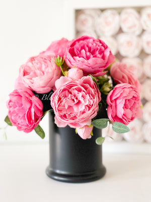 Pink Rose Peony Arrangement, Artificial Faux Table Centerpiece, Faux Florals, Silk Flowers Arrangement in Black Glass Vase by Blue Paris