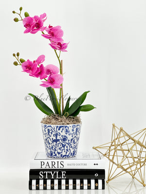 Real Touch Elegant Magenta Double Stems Phalaenopsis Orchid Arrangement, French Country Luxury Flower in Vase Table Centerpiece Modern Decor