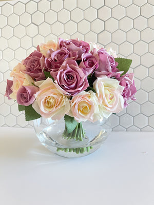 45 Dusty Rose & Peach Rose Arrangement Artificial Faux Silk Flowers in Glass Vase, Modern French Decor, Floral Centerpiece, Home Decor Gift