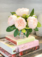 LT Pink Rose Peony Arrangement, Artificial Faux Table Centerpiece, Wedding Faux Florals Silk Flowers Arrangement in Glass Vase by Blue Paris
