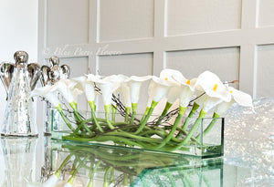 Modern Long White REAL TOUCH Calla Lily Arrangement Artificial Faux Centerpiece Floral Flower Table Decor Silk Flowers Glass Vase French