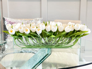 Modern Long White REAL TOUCH Tulip Arrangement Artificial Faux Centerpiece Floral Flower Arrangement Faux Flowers Glass Vase French Decor