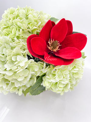 REAL TOUCH Green Hydrangeas, Red Magnolia Arrangement, Artificial Faux Centerpiece, Floral Flowers in Rose Gold Vase Home Decor Blue Paris