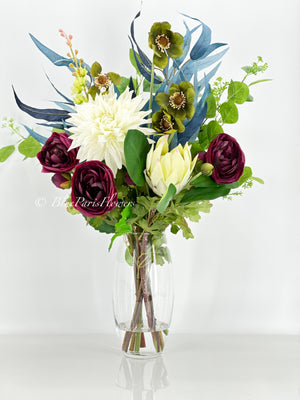 29” Mix Faux Flower Arrangement, Dahlia, Ranunculus, Protea, Green Floral Decor Silk/Real Touch Centerpiece Artificial Flowers, Gift Decor
