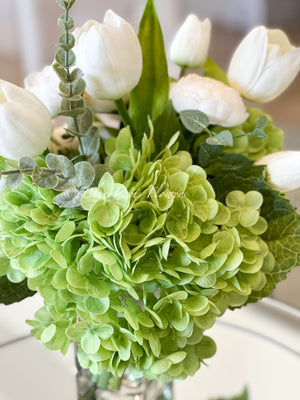 French Country Peony Arrangement in Vase, White Floral Arrangement, White Tulip Peony for Home Decor,Real Touch Green Hydrangea Centerpiece