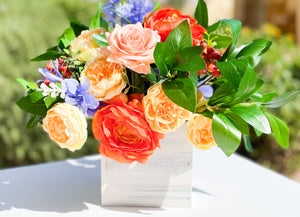 Fall or Thanksgiving Arrangement, Ranunculus, Peonies, Delphinium in Wood Vase, Floral Decor Centerpiece, Faux Artificial Flowers Silk Decor