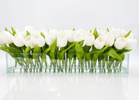 Modern Long White REAL TOUCH Tulip Arrangement Artificial Faux Centerpiece Floral Flower Arrangement Faux Flowers Glass Vase French Decor