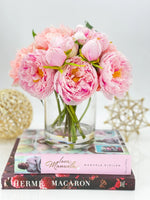 French Pink Peonies Arrangement, Artificial Faux Floral Centerpiece, High-quality Silk Flowers in Glass Vase for Home Decor Blue Paris