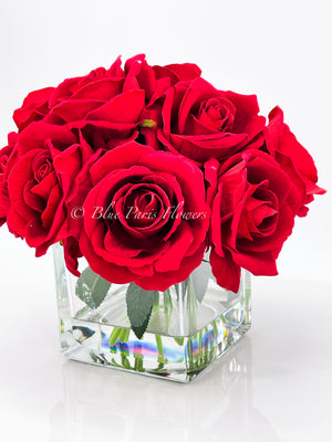 Red Velvet Roses Arrangement, Artificial Faux Centerpiece, Natural Touch Flowers in Glass Vase Home Decor, Floral Arrangement Blue Paris