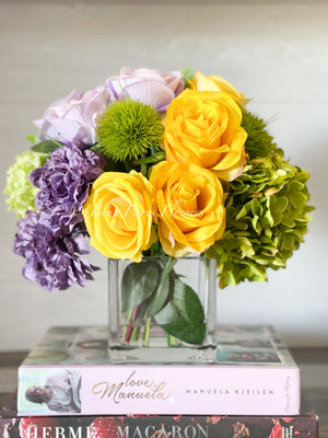 Modern Floral Arrangement | French Country | Table Centerpiece, Yellow, Lavender | Unique Floral Faux Flowers in Glass Vase for Home Decor