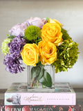 Modern Floral Arrangement | French Country | Table Centerpiece, Yellow, Lavender | Unique Floral Faux Flowers in Glass Vase for Home Decor