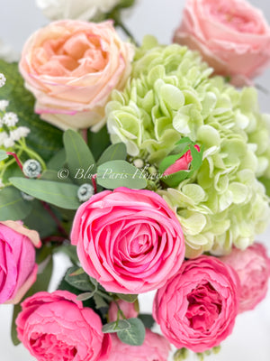 Faux Flower Arrangement, Peonies, Roses, Greens in Vase, Floral Decor Real Touch Centerpiece, Faux Artificial Flowers Silk Arrangement Pink I
