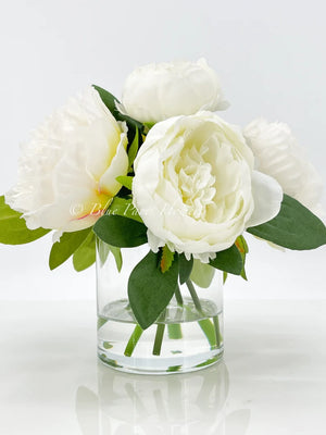 White Peonies Arrangement Artificial Faux Table Centerpiece, Wedding Faux Florals, Rose Silk Flowers Arrangement in Glass Vase by Blue Paris