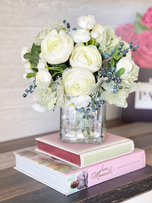 Floral Arrangement, Pale Green White Ranunculus, Blueberries, Silk Artificial Flower Centerpiece, Faux Silk Arrangement Glass Vase, Flower