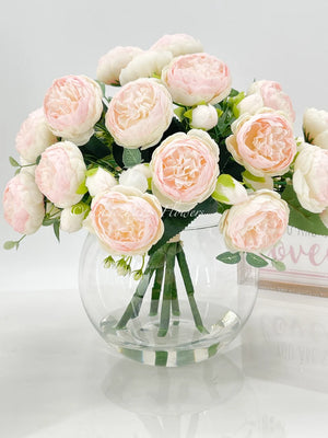 X-Large Light Pink Rose Peony Arrangement, Artificial Faux Centerpiece, Silk Flowers in Glass Vase for Home Decor