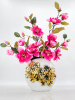 Magenta Magnolias Arrangement in White and Gold Vase, French Country Artificial Flowers, Faux Floral Home Decor, Realistic Floral Arrangement