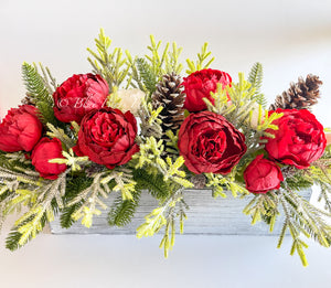 Red Peonies Christmas Faux Artificial Flower Arrangement-Christmas Faux Centerpiece-Christmas Fake Flowers Centerpiece-Christmas Gift-Decor