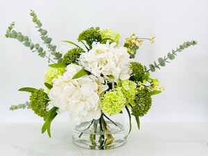 Floral Arrangement, Green White Hydrangeas Silk Artificial Flower Centerpiece, Faux Silk Arrangement Glass Vase, Flower Decor Blue Paris