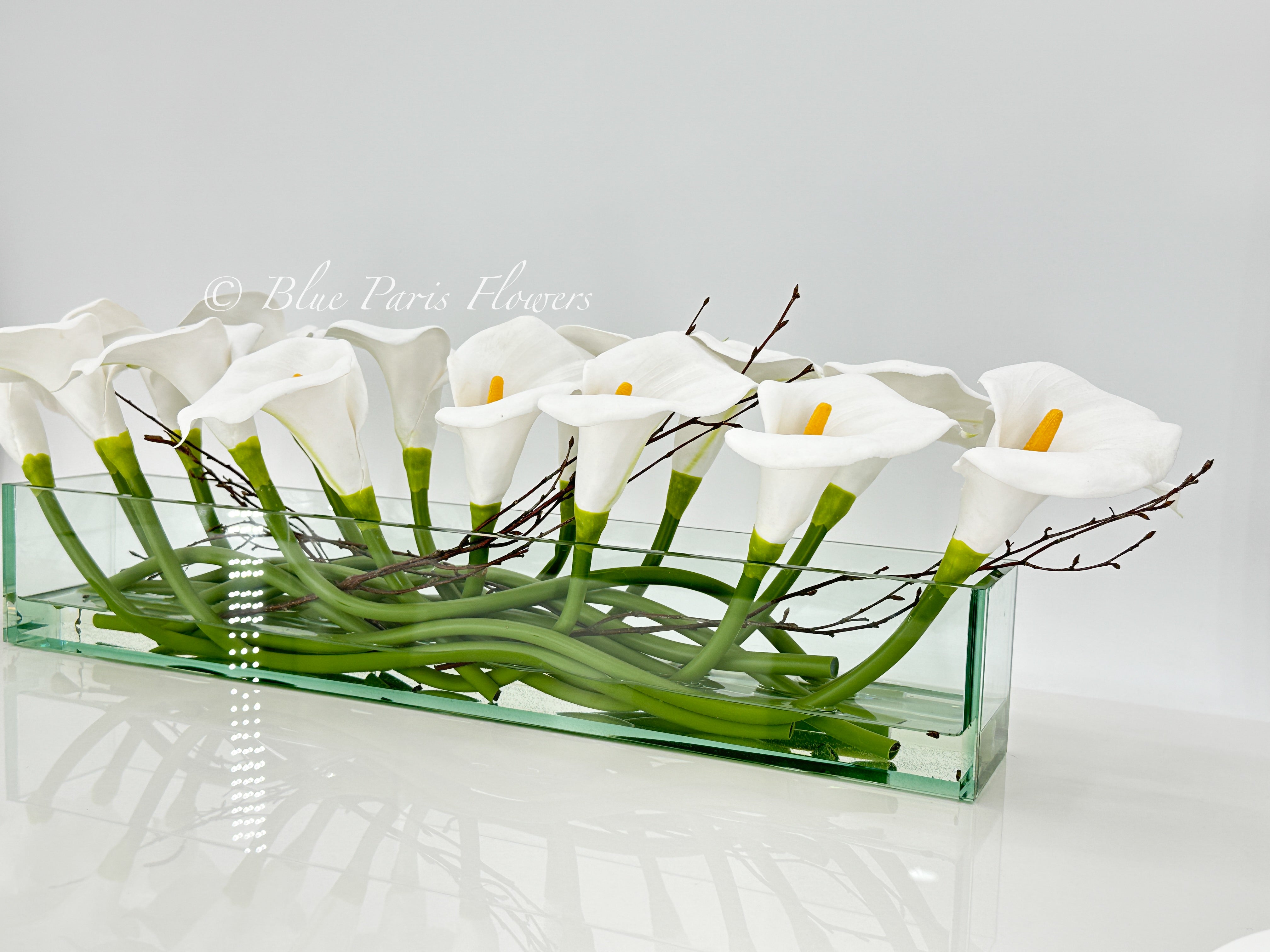 white classic calla lily centerpieces Modern Long White REAL TOUCH Calla Lily Arrangement Artificial Faux Centerpiece Floral Flower Table Decor Silk Flowers Glass Vase French 12"