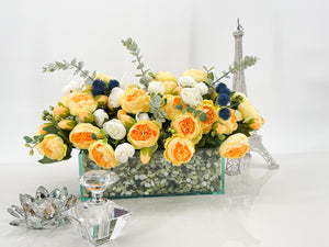 Modern Yellow White Rose Peony Arrangement, Artificial Faux Centerpiece Silk Flowers Floral Centerpiece French Decor in Glass Vase for Home