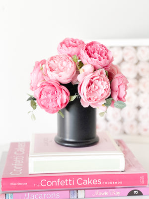 Pink Rose Peony Arrangement, Artificial Faux Table Centerpiece, Faux Florals, Silk Flowers Arrangement in Black Glass Vase by Blue Paris