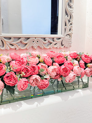 Modern Long Pink Rose Peony Arrangement Artificial Faux Centerpiece Floral Flower Arrangement Silk Flowers Glass Vase French Decor