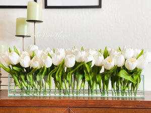 Modern Long White REAL TOUCH Tulip Arrangement Artificial Faux Centerpiece Floral Flower Arrangement Faux Flowers Glass Vase French Decor