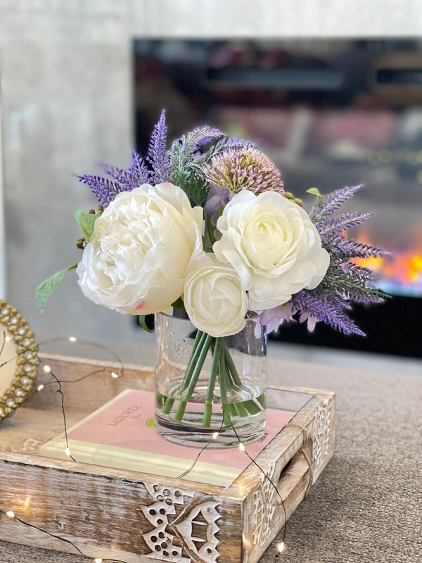 Arrangement in Vase, Peonies, Lavender, French Country Artificial Flowers Faux Home Decor Realistic Floral Arrangement Blue Paris