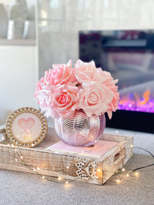 Real Touch Pink Rose Arrangement | French Floral Centerpiece Artificial Faux Forever Flowers in Rose-gold Vase for Home Decor by Blue Paris