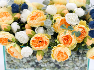 Modern Yellow White Rose Peony Arrangement, Artificial Faux Centerpiece Silk Flowers Floral Centerpiece French Decor in Glass Vase for Home