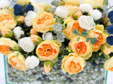 Modern Yellow White Rose Peony Arrangement, Artificial Faux Centerpiece Silk Flowers Floral Centerpiece French Decor in Glass Vase for Home