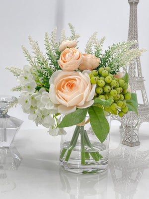 Floral Arrangement in Vase, Peonies, Lavender, French Country Artificial Flowers Faux Home Decor Realistic Floral Arrangement Blue Paris