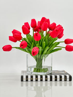 Red Tulips 25 Floral | Modern Arrangement | Real Touch | Artificial Faux Forever Fake Flowers in Glass Vase for Home Decor Blue Paris