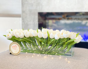 Modern Long White REAL TOUCH Tulip Arrangement Artificial Faux Centerpiece Floral Flower Arrangement Faux Flowers Glass Vase French Decor