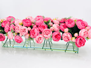 Modern Long Pink Rose Peony Arrangement Artificial Faux Centerpiece Floral Flower Arrangement Silk Flowers Glass Vase French Decor