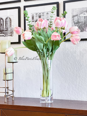 28” Tall Pink Real Touch Tulips in Glass Vase, Home Decor Faux Flower Arrangement, French Country Style, Floral Decor Arrangement