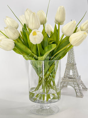 19” White Real Touch Tulips Modern Arrangement Centerpiece | Real Touch Artificial Faux Forever Flowers