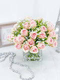 Light Pink 40 Roses Arrangement, Floral Flowers | Silk Artificial Faux Forever Flowers in Glass for Home Decor by Blue Paris Flowers