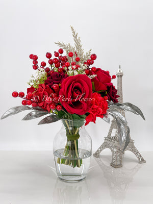 Faux Flower Arrangement, Peonies, Roses, Greens in Vase, Floral Decor Real Touch Centerpiece, Faux Artificial Flowers Silk Arrangement Red