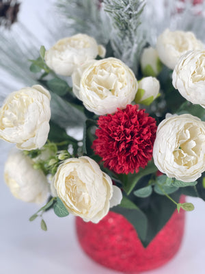 Christmas Artificial Flower Arrangement-Christmas Faux Centerpiece-Christmas Flowers- White Peonies Flower Centerpiece-Christmas Gift-Decor