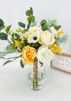 Faux Flower Arrangement, Peonies, Roses, Poppies in Vase, Floral Decor Silk Centerpiece, Faux Artificial Flowers Silk Arrangement Gold