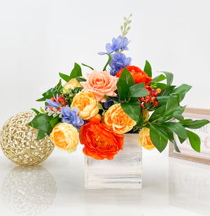 Fall or Thanksgiving Arrangement, Ranunculus, Peonies, Delphinium in Wood Vase, Floral Decor Centerpiece, Faux Artificial Flowers Silk Decor