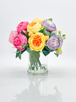 Pink/Purple/Yellow Rose Peony Arrangement, Artificial Faux Centerpiece, Faux Florals, Silk Flowers in Glass Vase, Mother’s Day by Blue Paris
